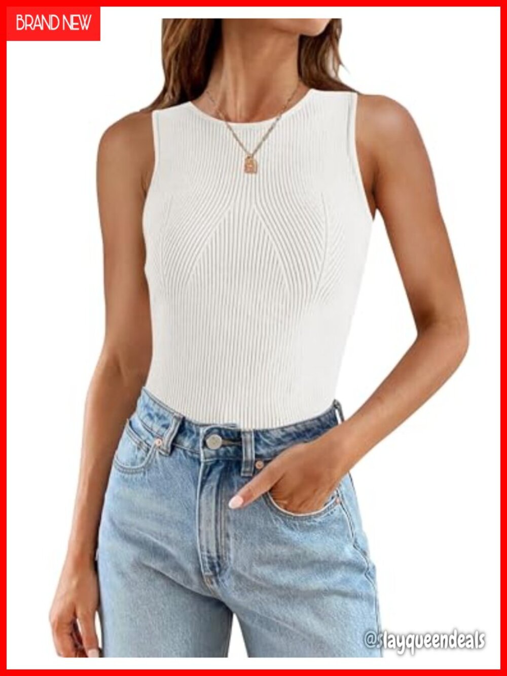 Sleeveless Ribbed Knit Tank Top Crewneck Racerback Casual